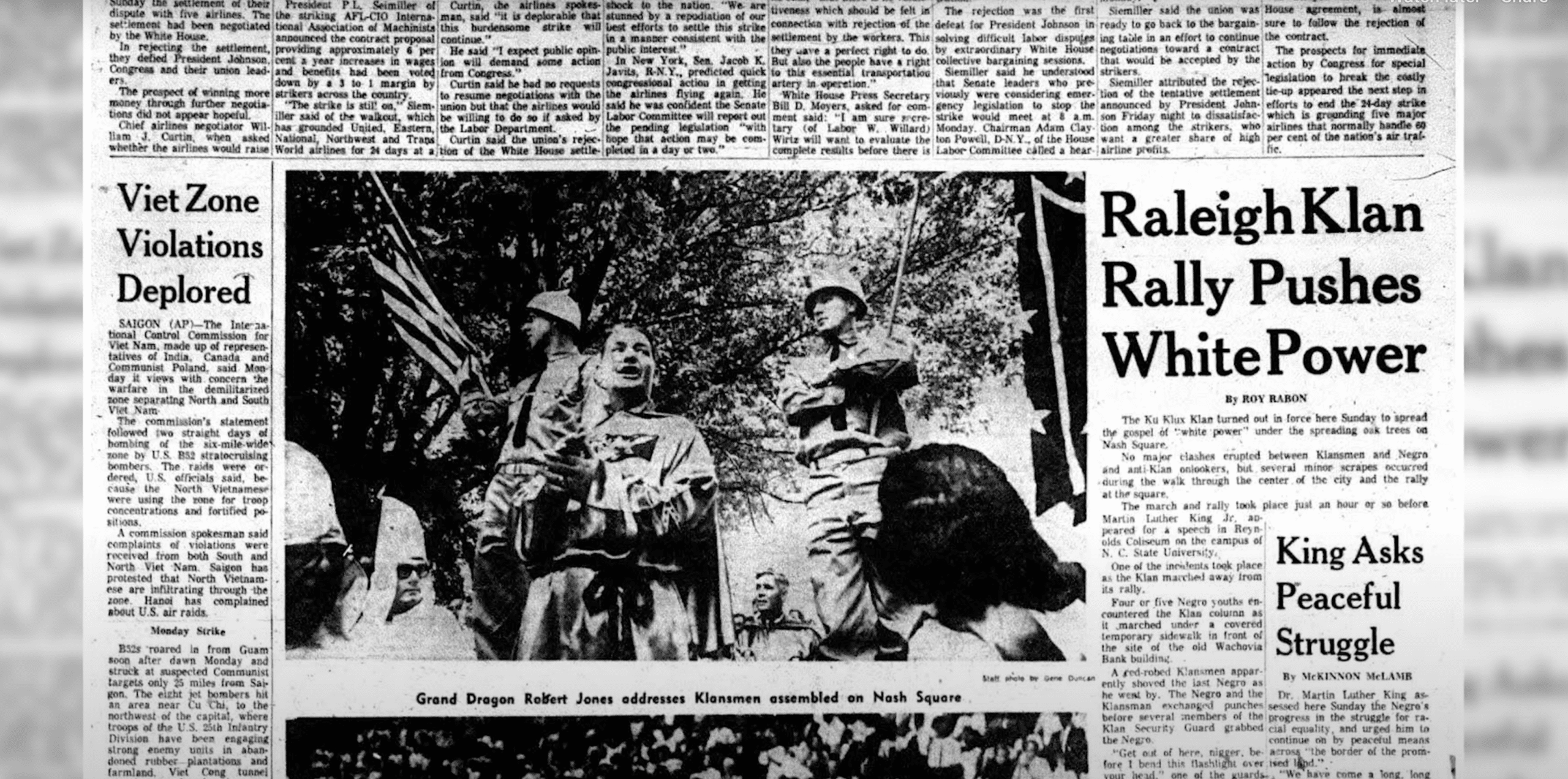 A newspaper clipping from July 1966 with the headline "Raleigh Klan Rally Pushes White Power" and the smaller subheading "King Asks Peaceful Struggle."